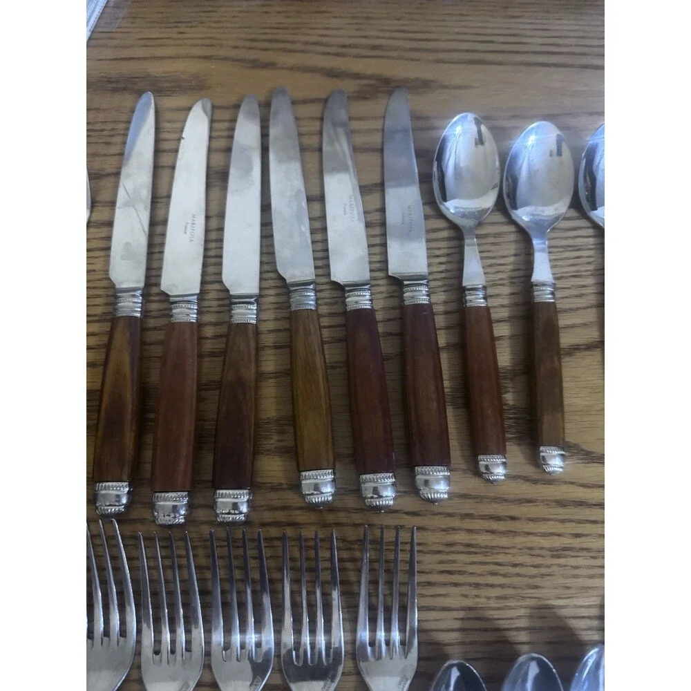 SCOF Mariposa France Recamier Teak Flatware Silverware Set 30 Pc Service For 6